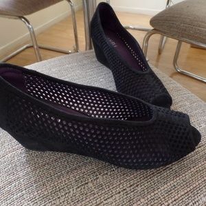 Vaneli Black suede perforated peep toe wedges